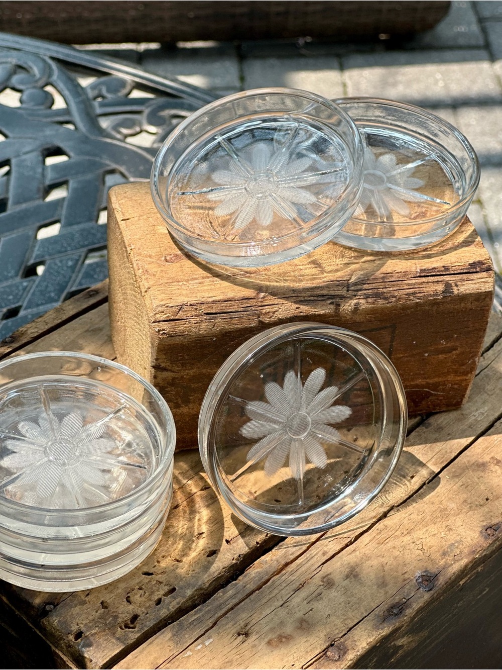 Glass Daisy Etched Coasters Set of 6 Vintage 3.25” Floral Clear Glass